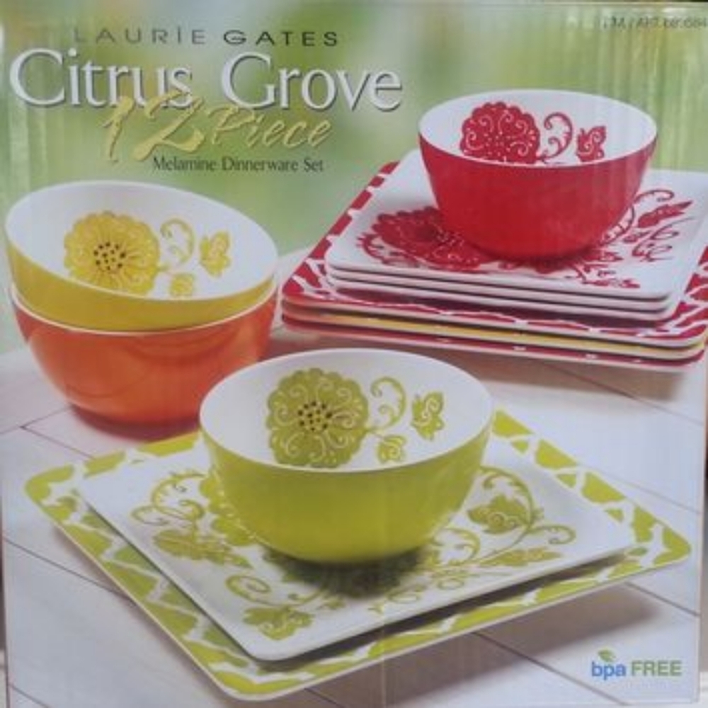 LAURIE GATES CITRUS GROVE MELAMINE DINNERWARE SET